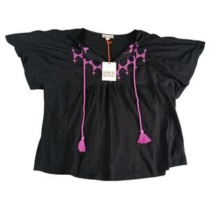 Knox Rose Shirt Women Medium Black Boho Cottagecore Short Sleeve Embroidered NWT